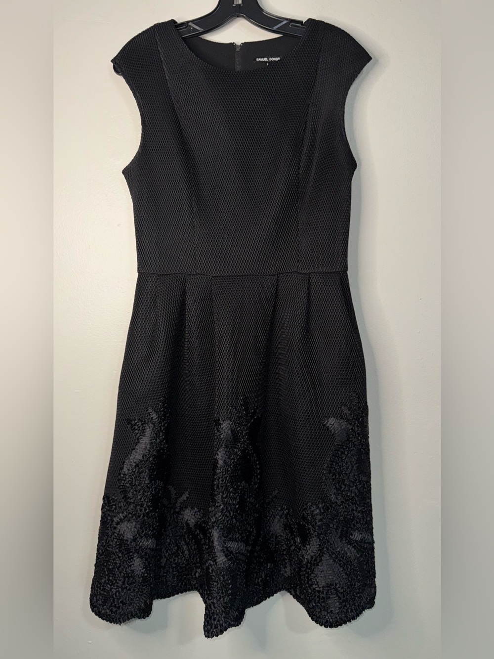Samuel Dong Black Textured Fit & Flare Dress with Embroidered Hem